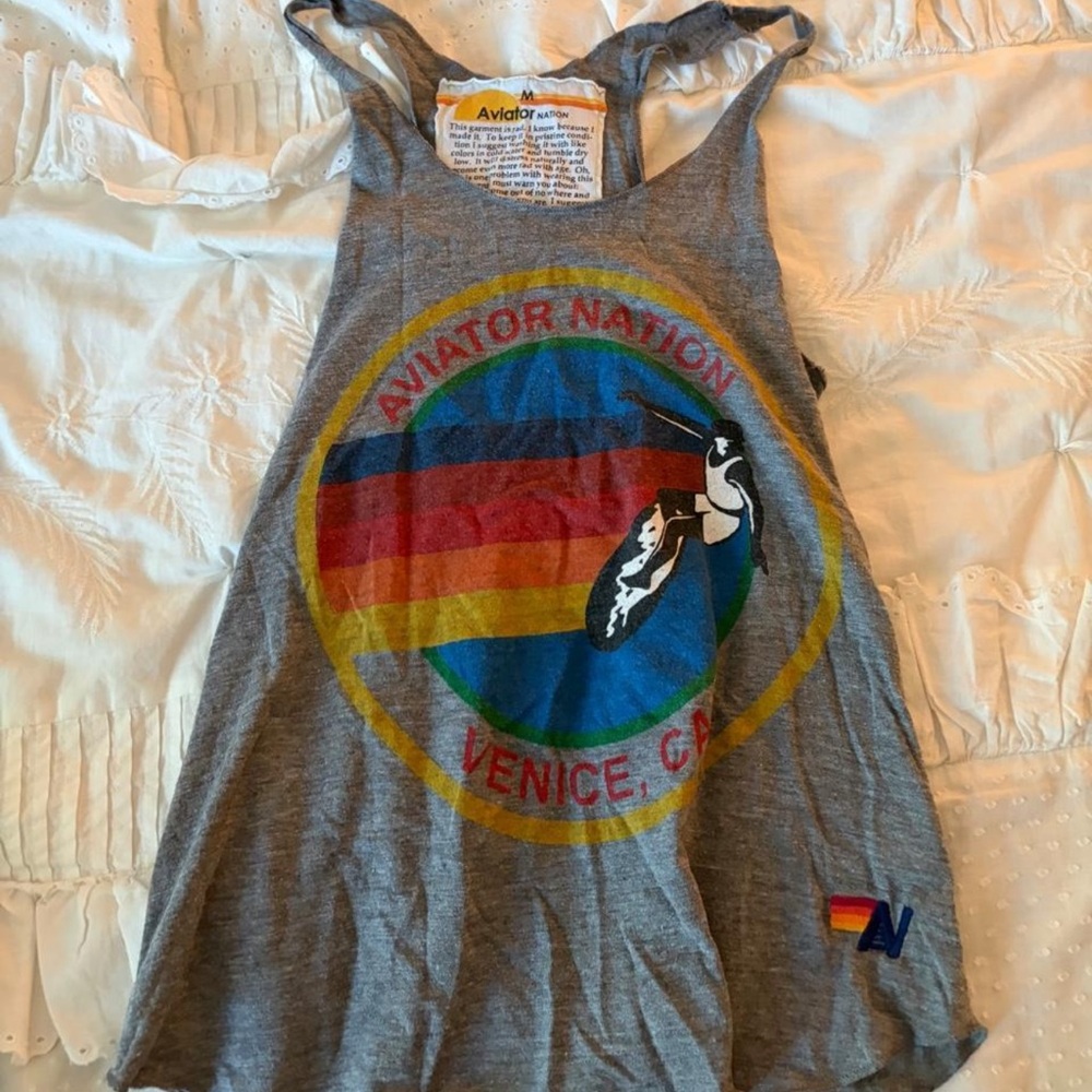 Aviator Nation Grey Tank-Style One-Piece with Rainbow Circle Logo